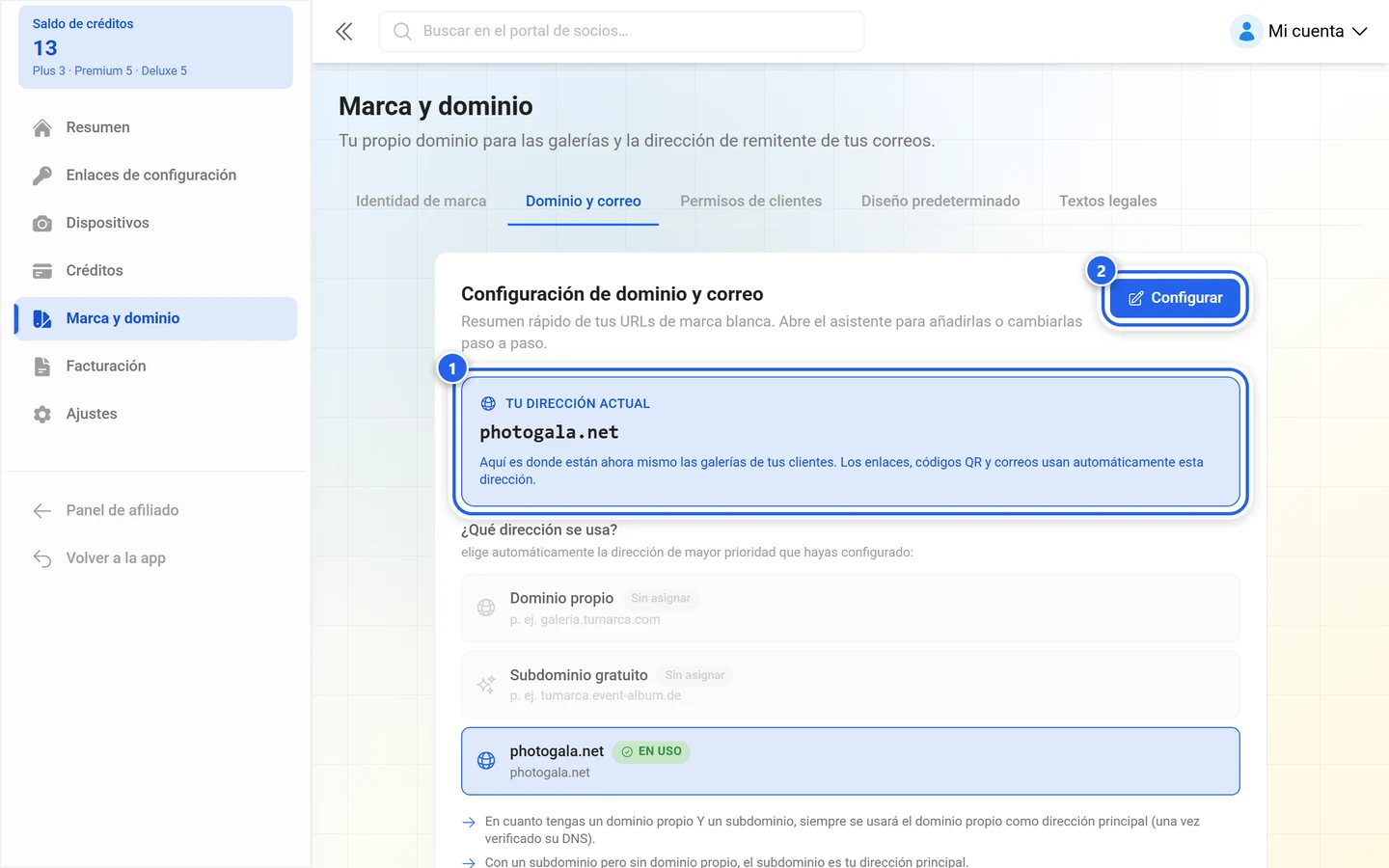 Cabecera de la pestaña de dominio y correo con la tarjeta de dirección y el botón de configuración resaltados