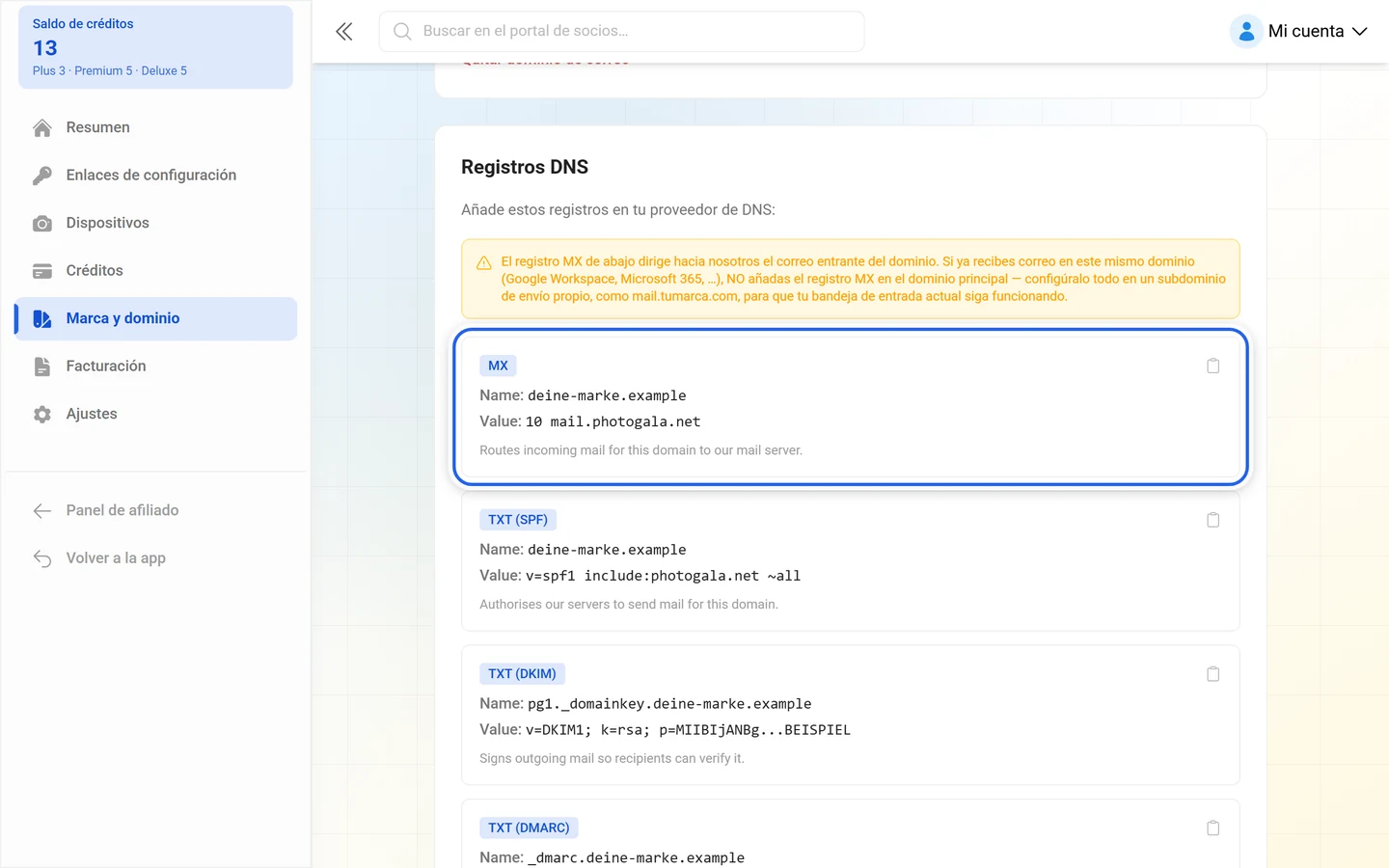 Registros DNS para el envío de correo con el registro MX resaltado