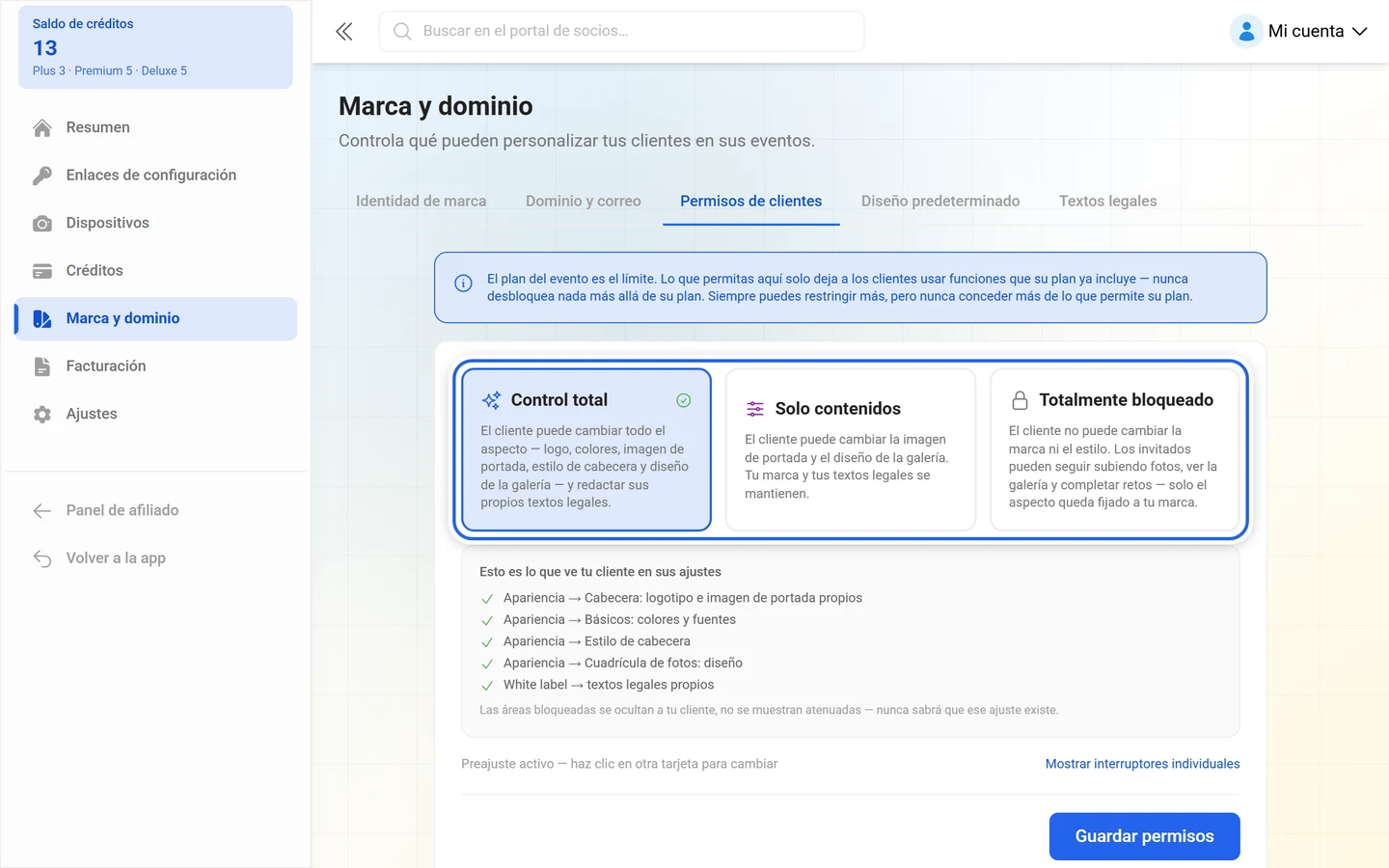 Las tres plantillas de permisos Control total, Solo contenidos y Totalmente bloqueado