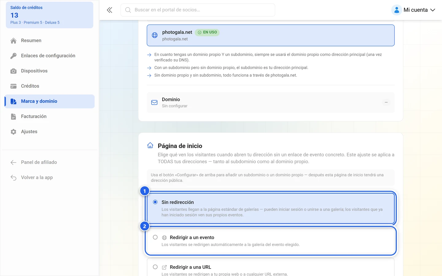 Apartado de inicio con las opciones Sin redirección y Redirigir a un evento resaltadas