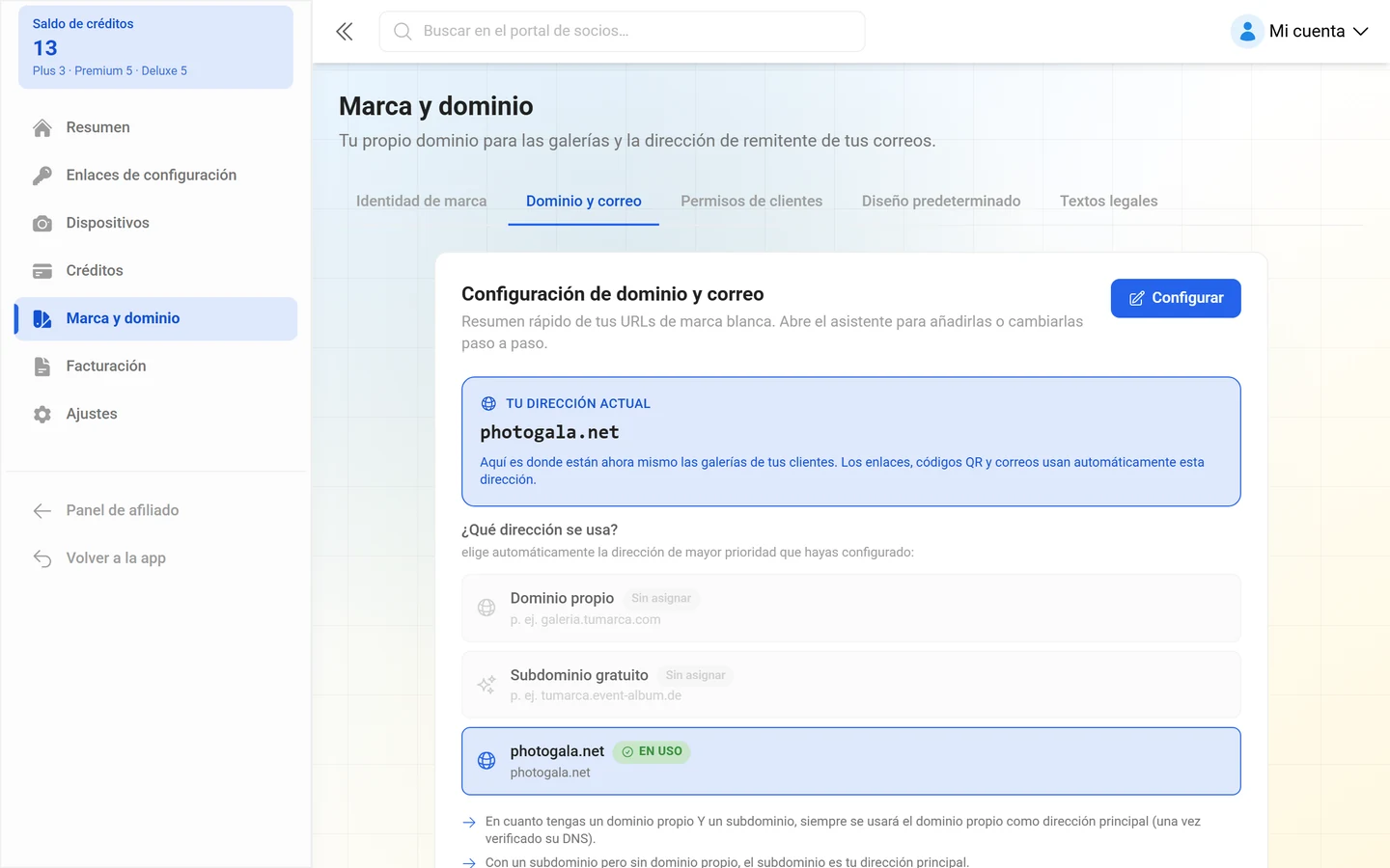 Pestaña de dominio y correo de la gestión de marca