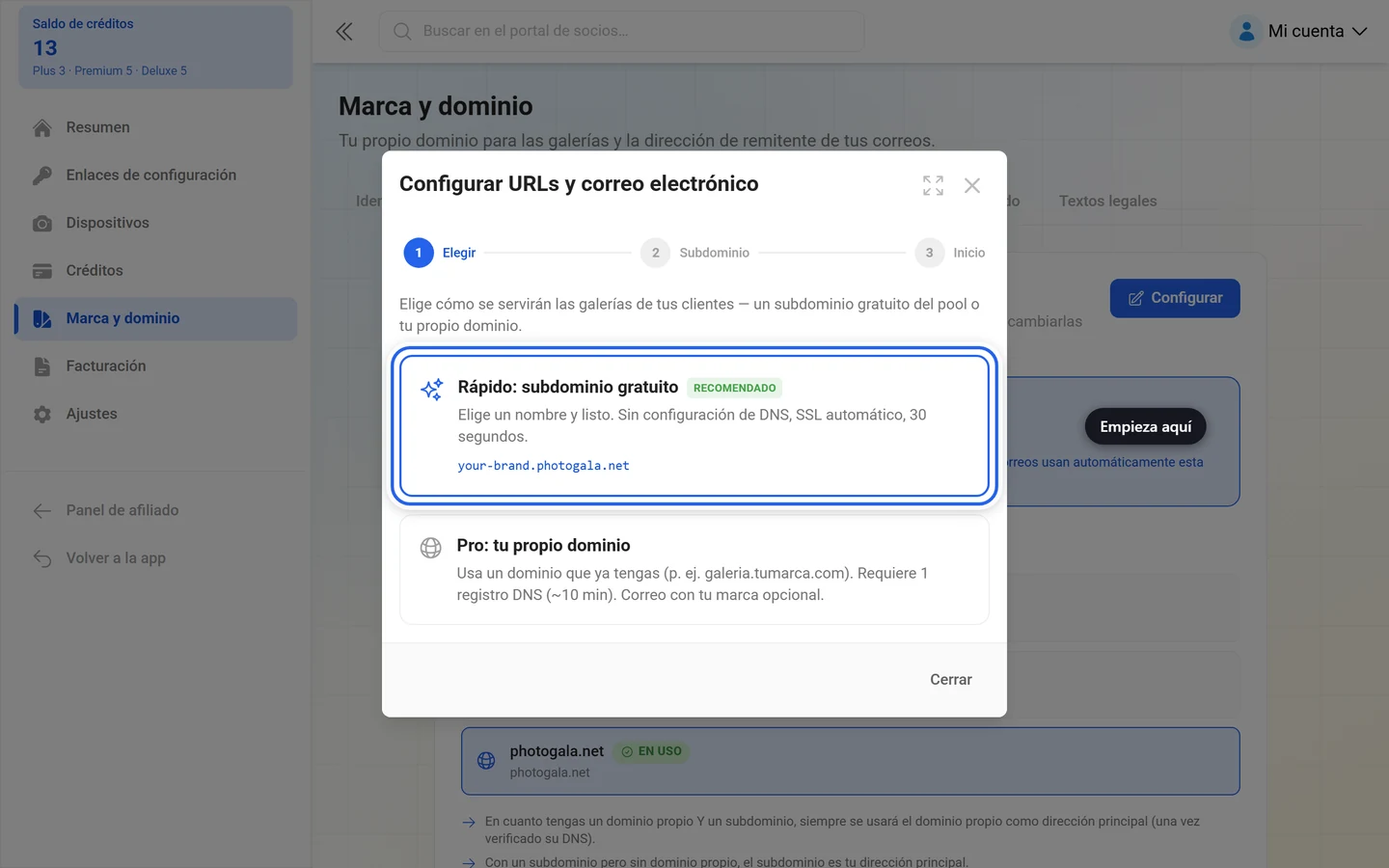 Primer paso del asistente de URL con la tarjeta Rápido subdominio gratuito resaltada
