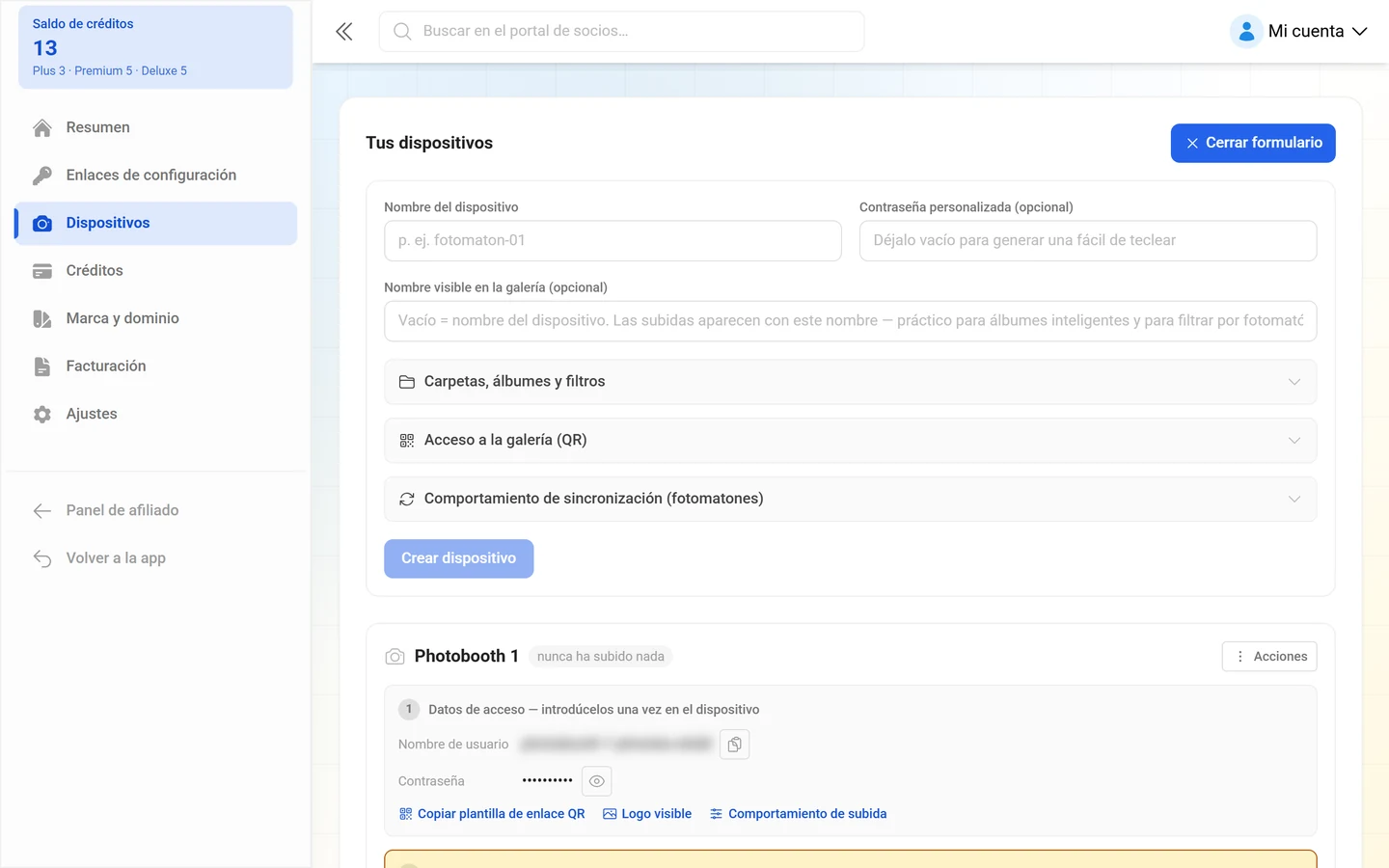 Formulario desplegado con el nombre del dispositivo, la contraseña personalizada, el nombre visible y los tres grupos del comportamiento de subida