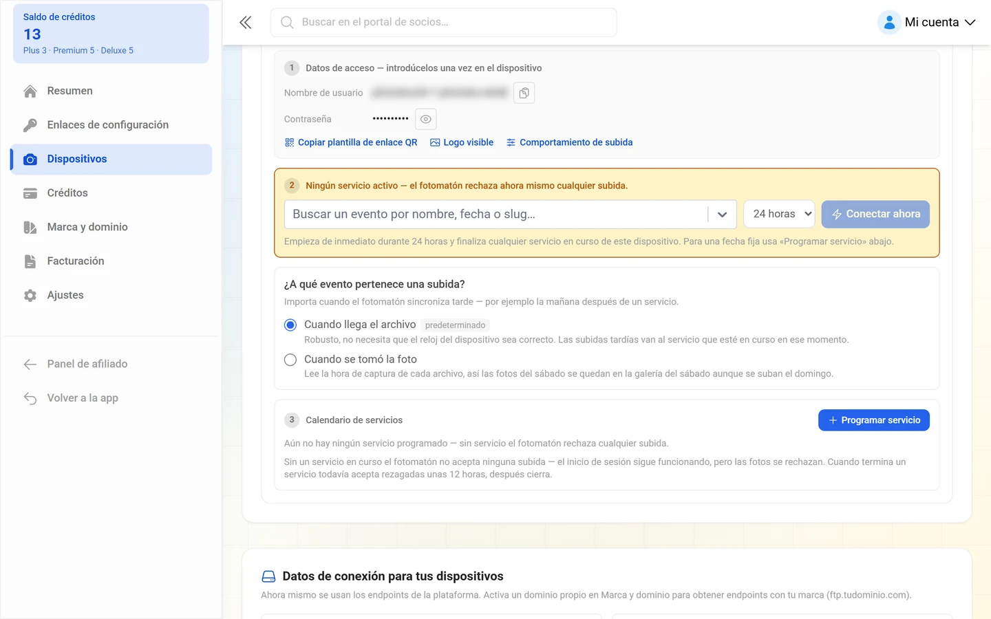 Selección entre «Cuando llega el archivo» y «Cuando se tomó la foto», debajo la sección Calendario de servicios