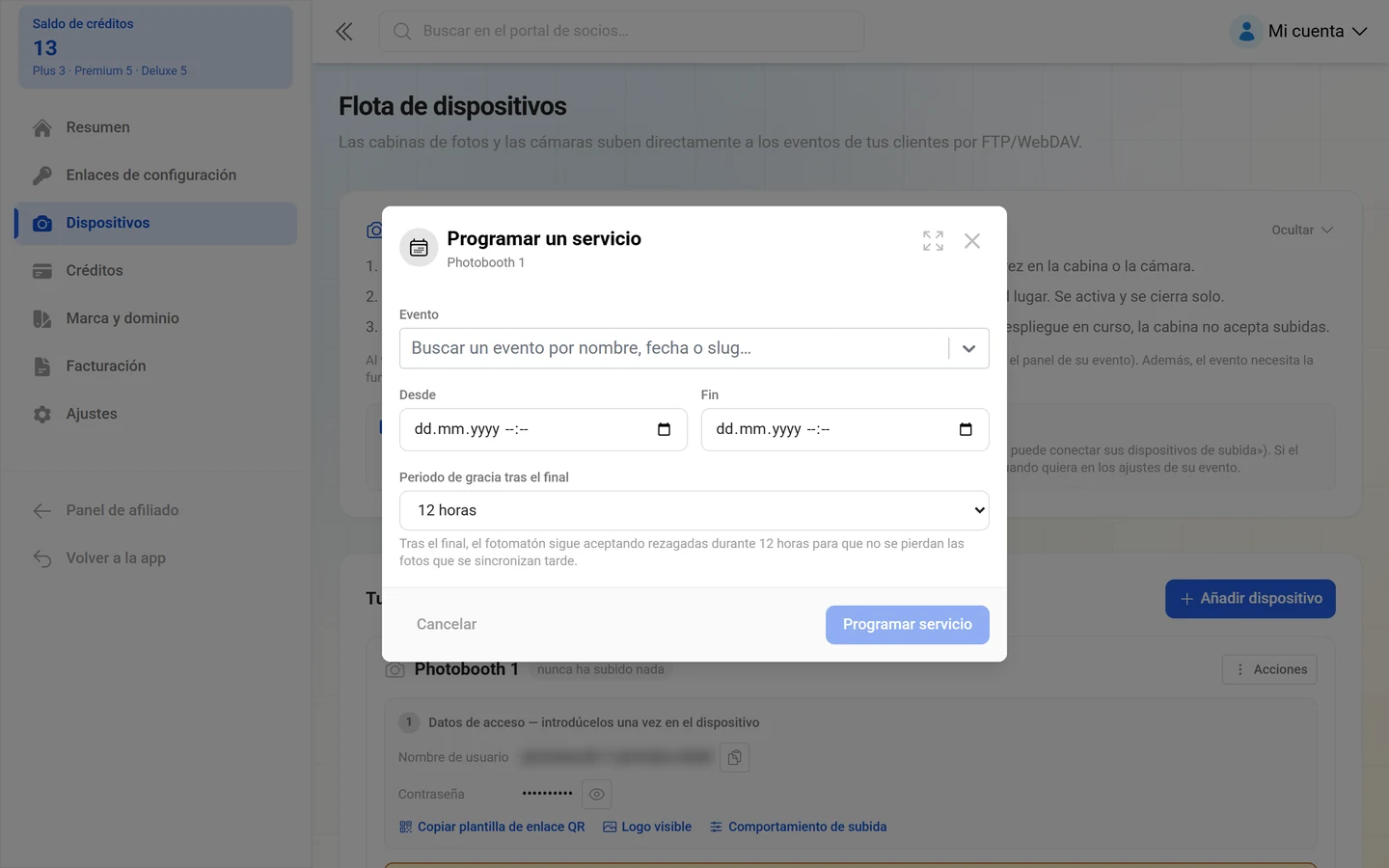 Diálogo «Programar servicio» con la búsqueda de evento, Desde, Hasta y la selección del periodo de gracia