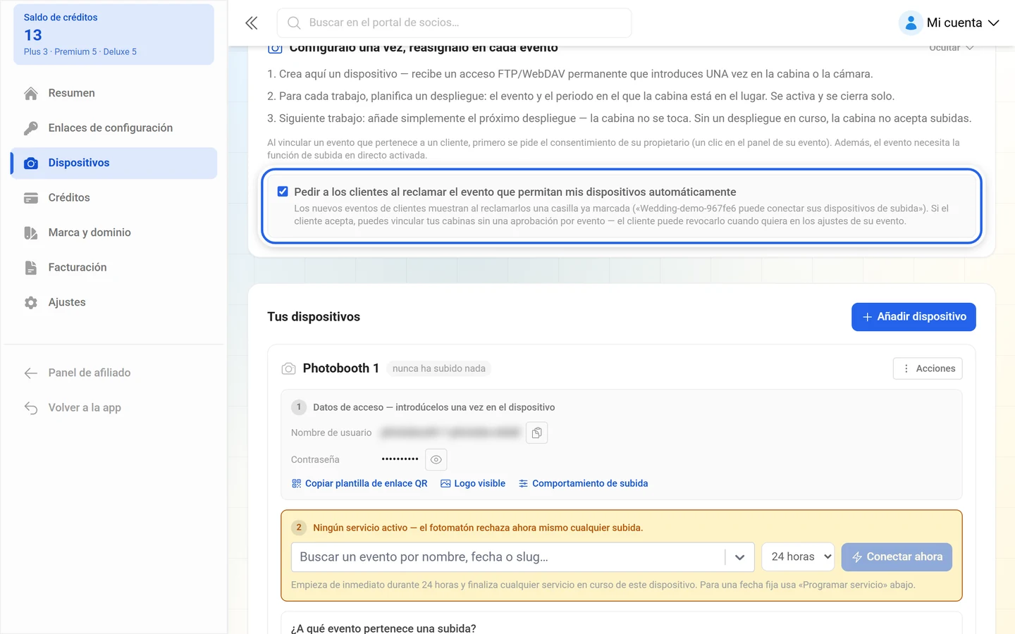 Casilla resaltada Ofrecer a los clientes, al reclamar el evento, que permitan mis dispositivos automáticamente