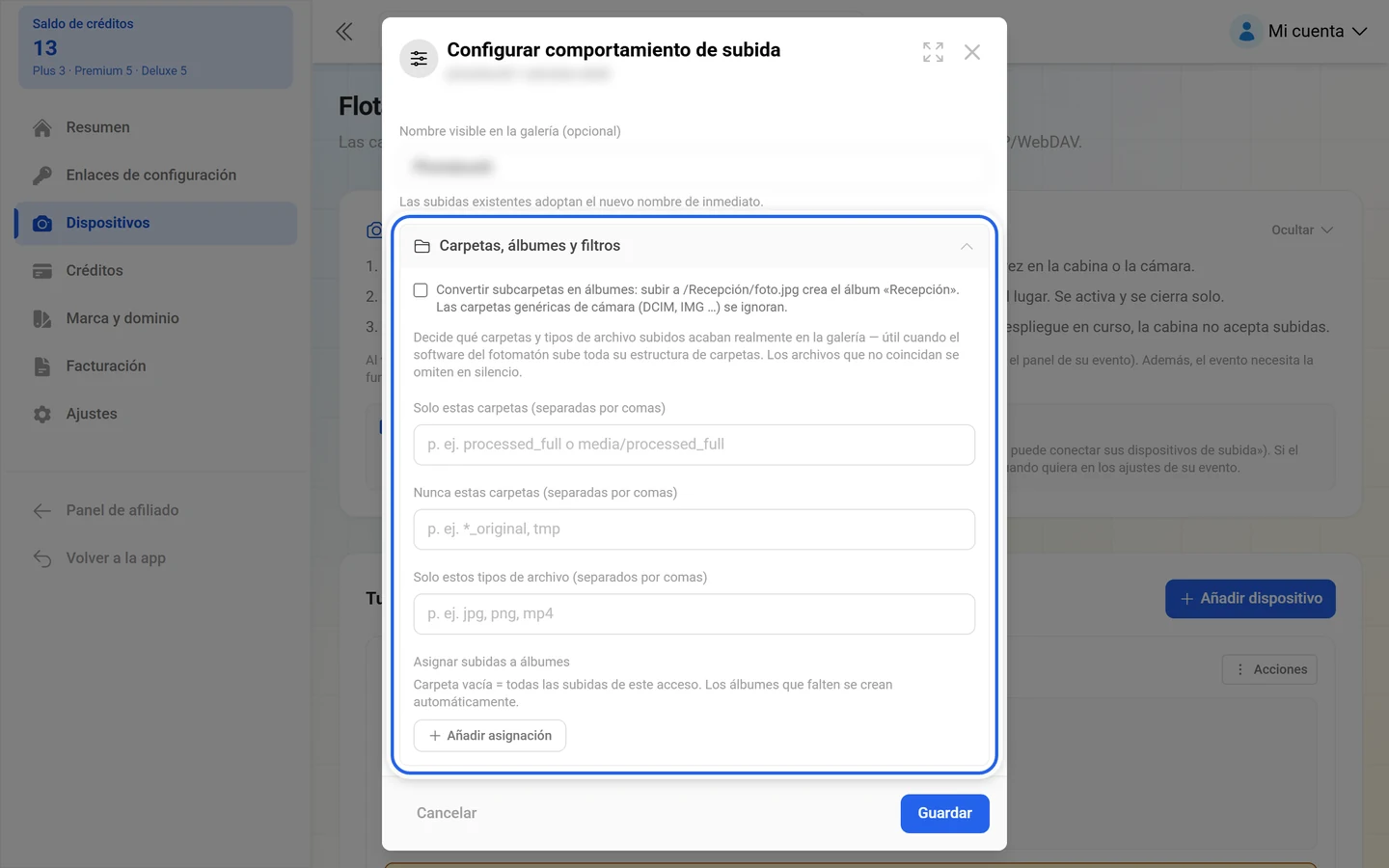 Diálogo Configurar comportamiento de subida con el grupo Carpetas, álbumes y filtros resaltado
