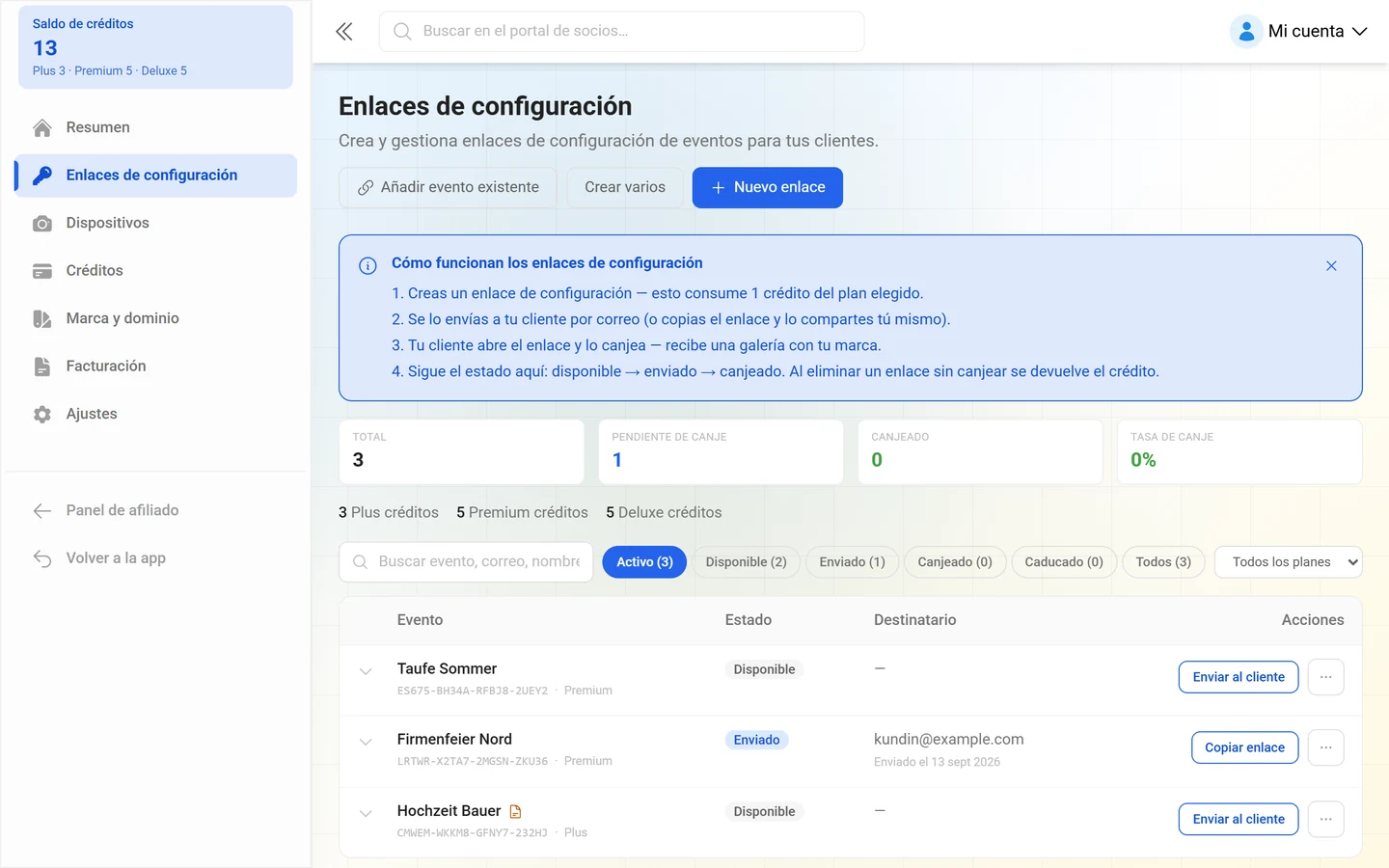 Página de enlaces de configuración con cifras clave y la lista de claves