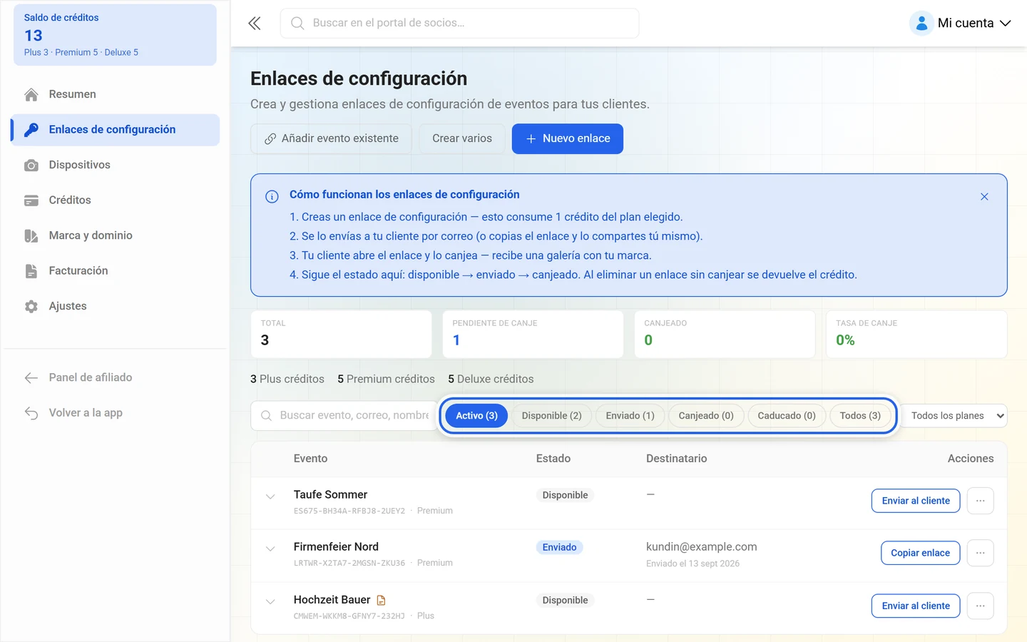 Pastillas de filtro de la lista de enlaces de configuración con contadores, resaltadas