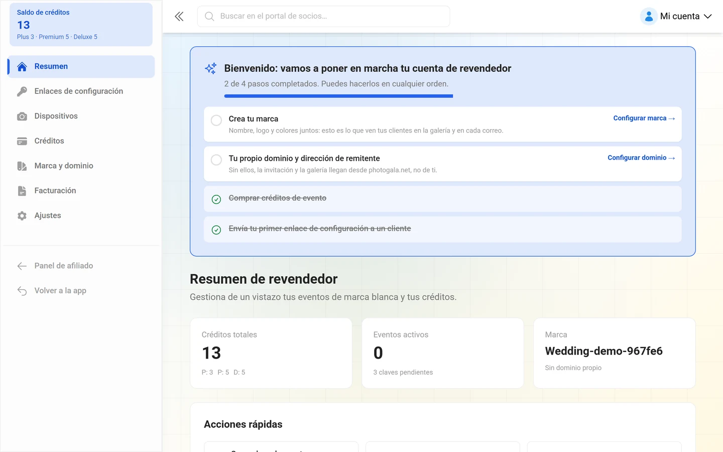 Página de resumen del portal de revendedor