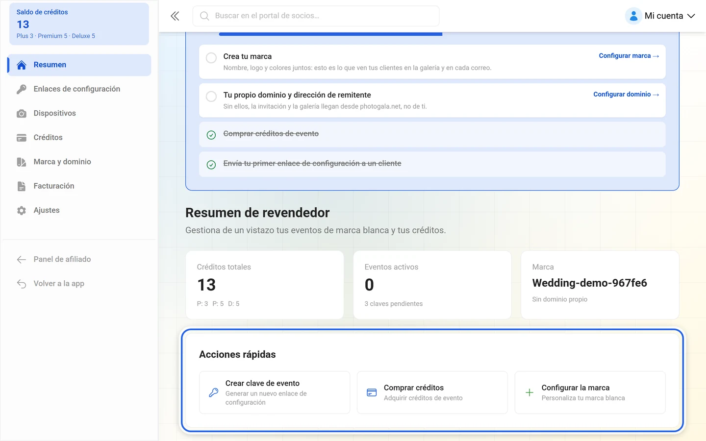 Resumen de revendedor con la tarjeta de acciones rápidas resaltada