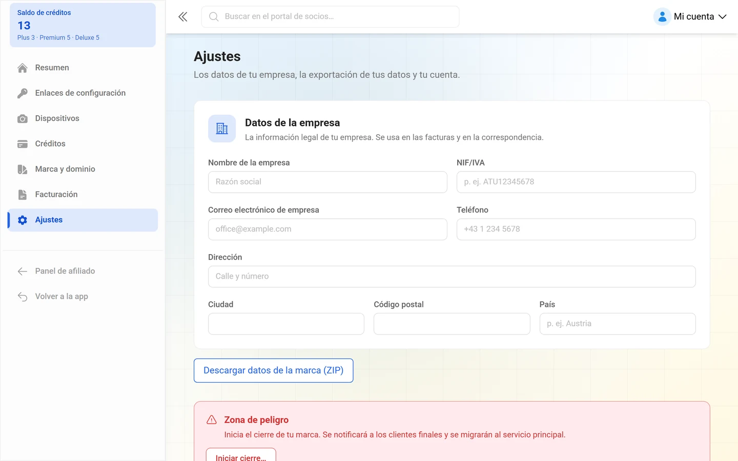 Página de ajustes con el formulario de datos de la empresa