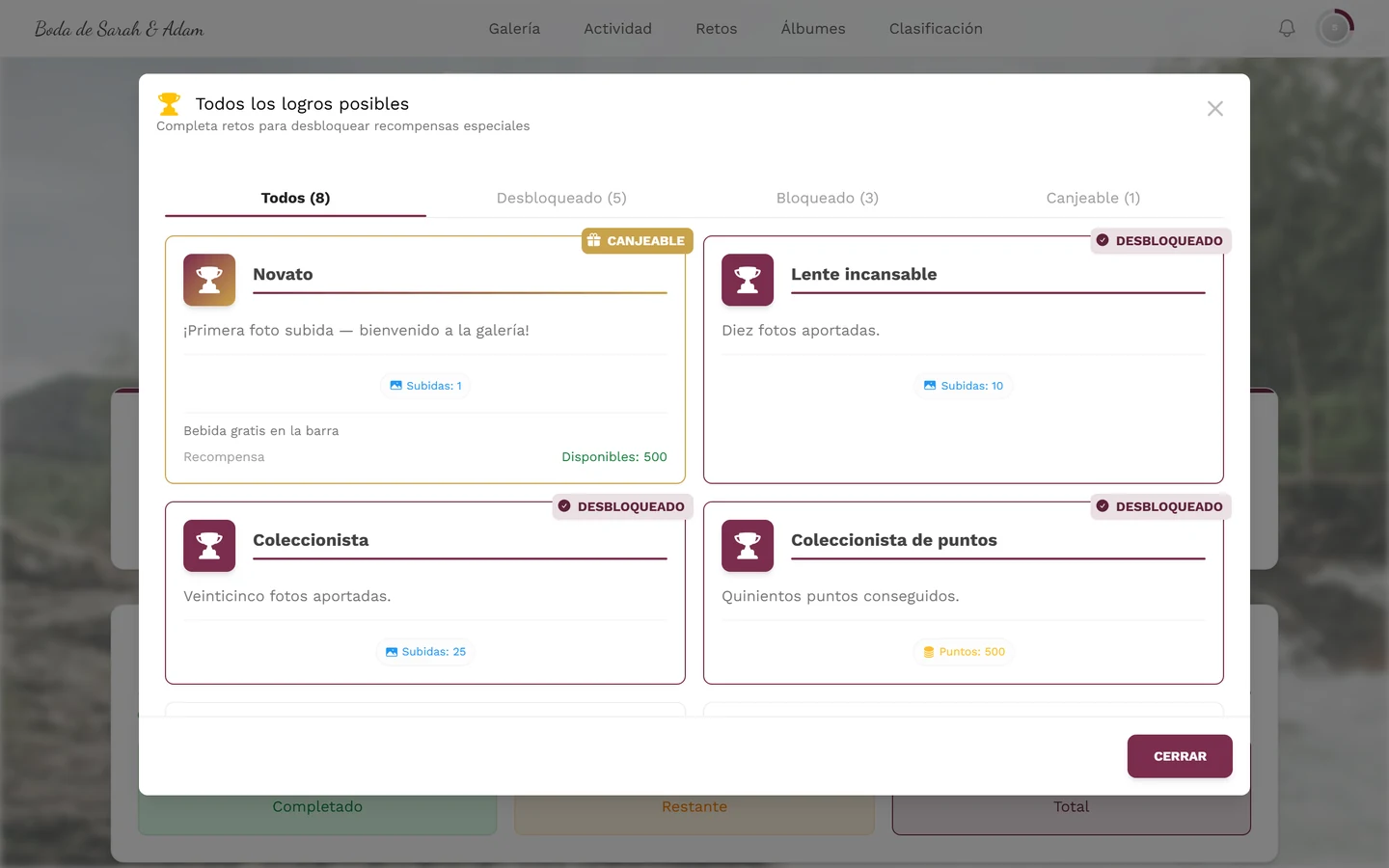 Diálogo Todos los logros posibles con las pestañas Todos, Desbloqueado y Bloqueado