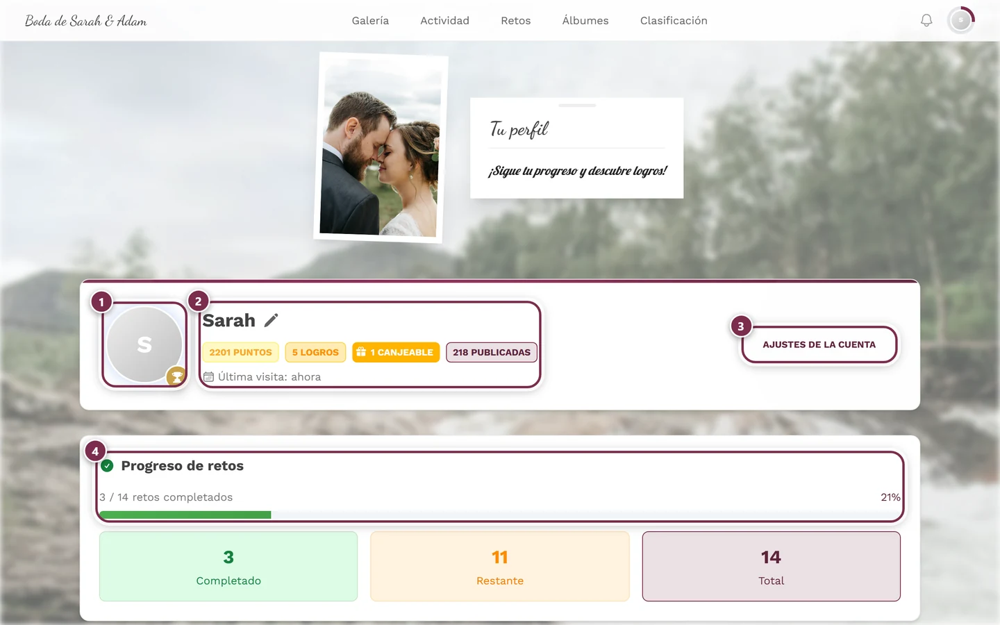 Página de perfil con puntos, logros y puesto
