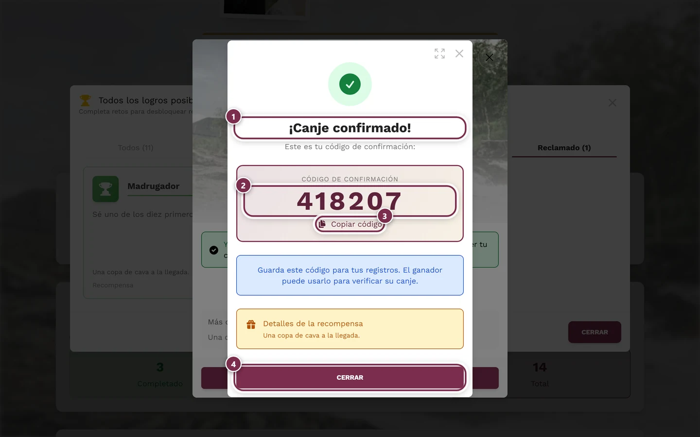 Diálogo de éxito con el código de confirmación de seis dígitos y cuatro marcas