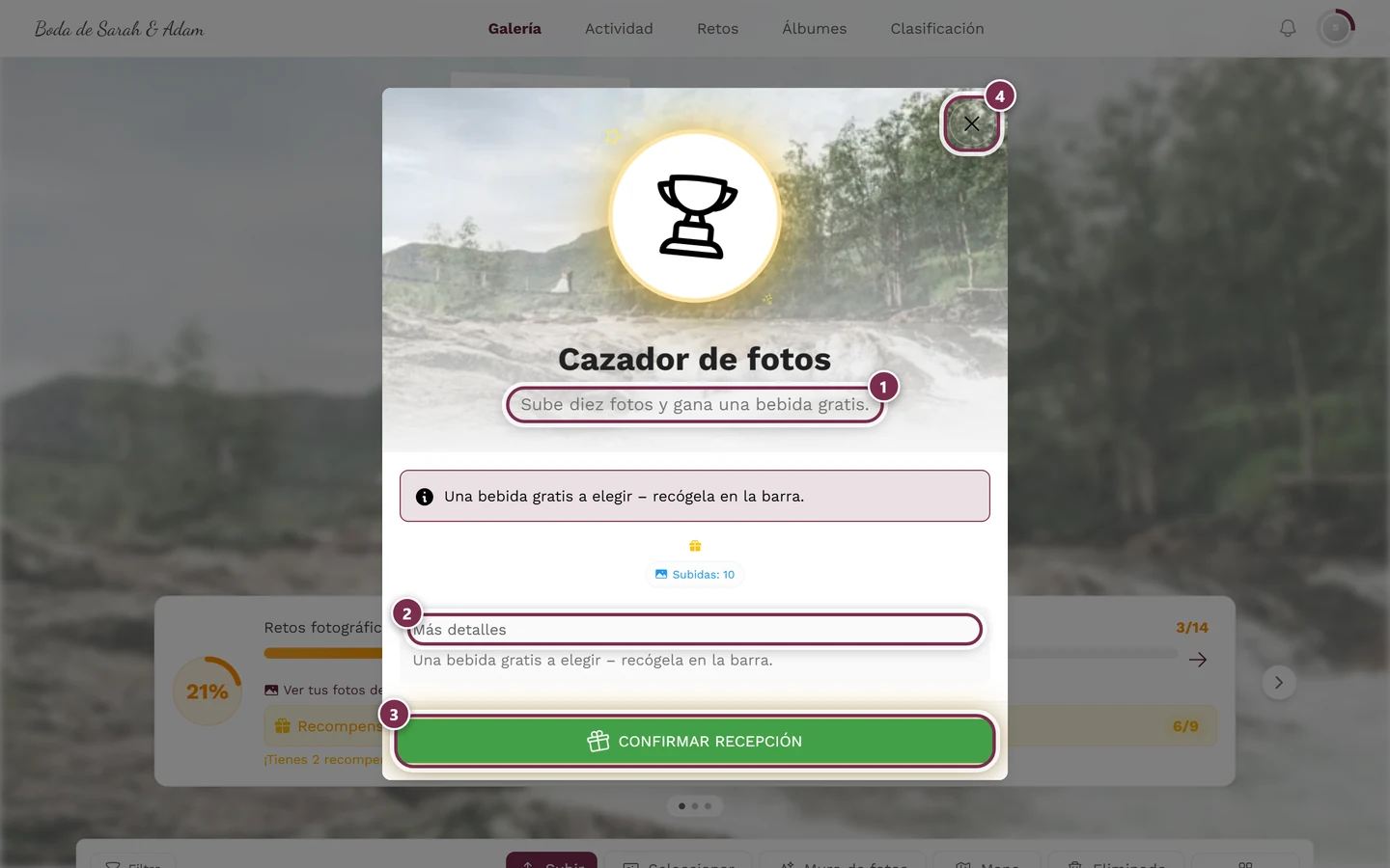 Diálogo de detalle de la recompensa con cuatro marcas