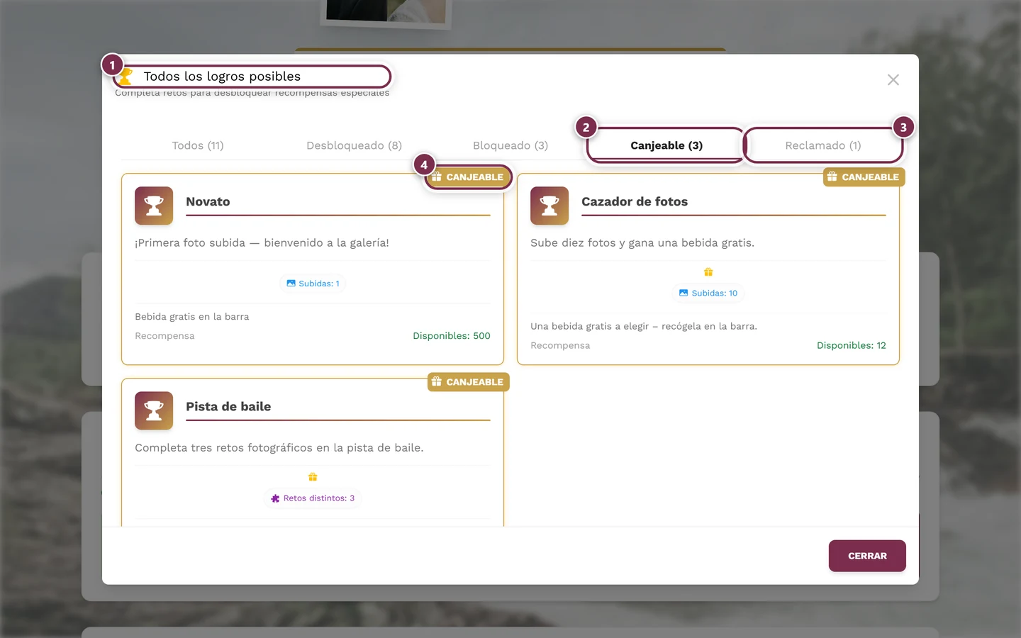 Diálogo de logros con las pestañas Todos, Desbloqueado, Bloqueado, Canjeable y Reclamado