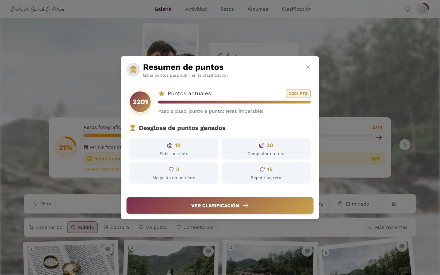 Diálogo Resumen de puntos con el círculo de puntos y las cuatro tarjetas del desglose