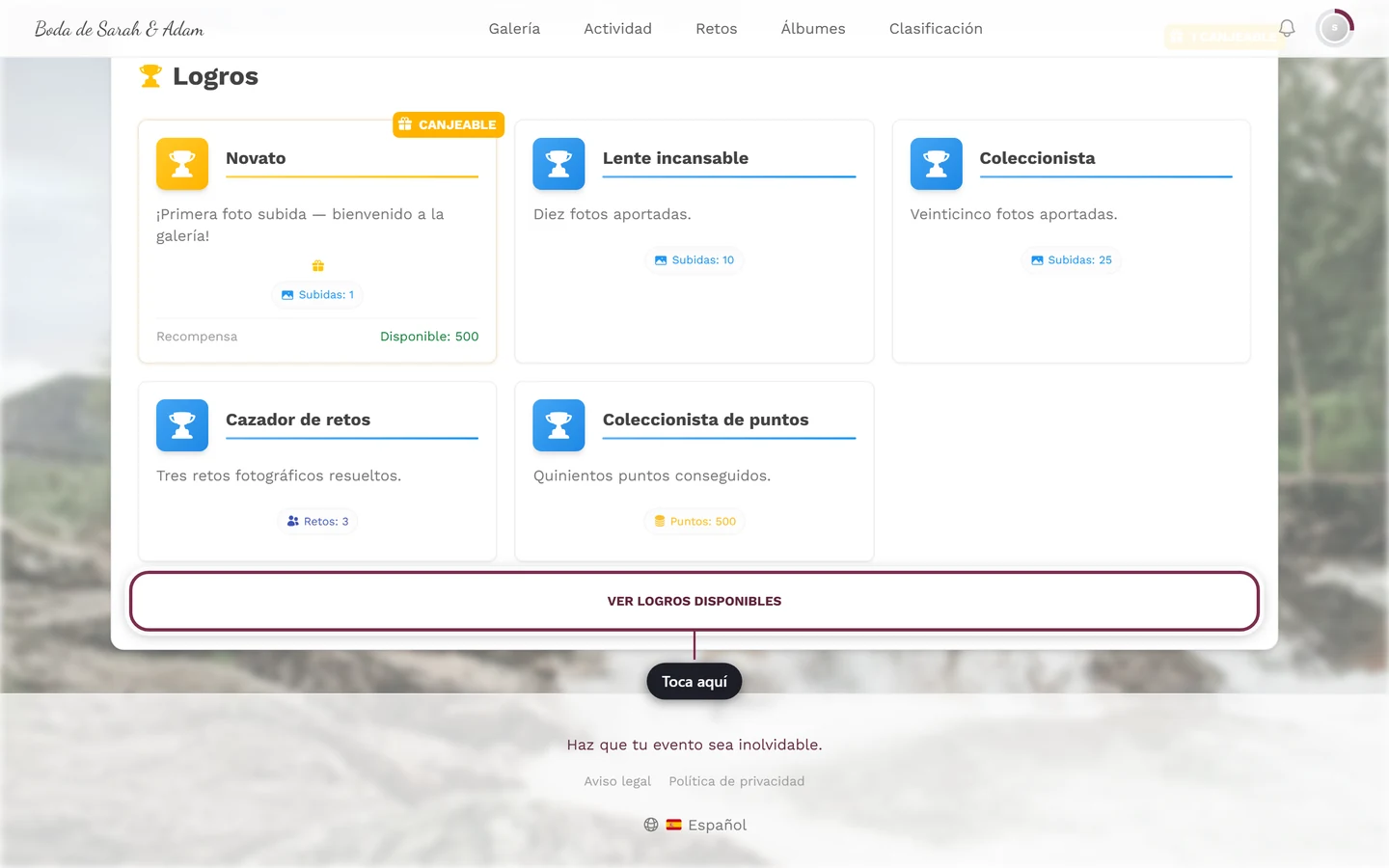Sección de logros del perfil con el botón Ver logros disponibles marcado en rojo