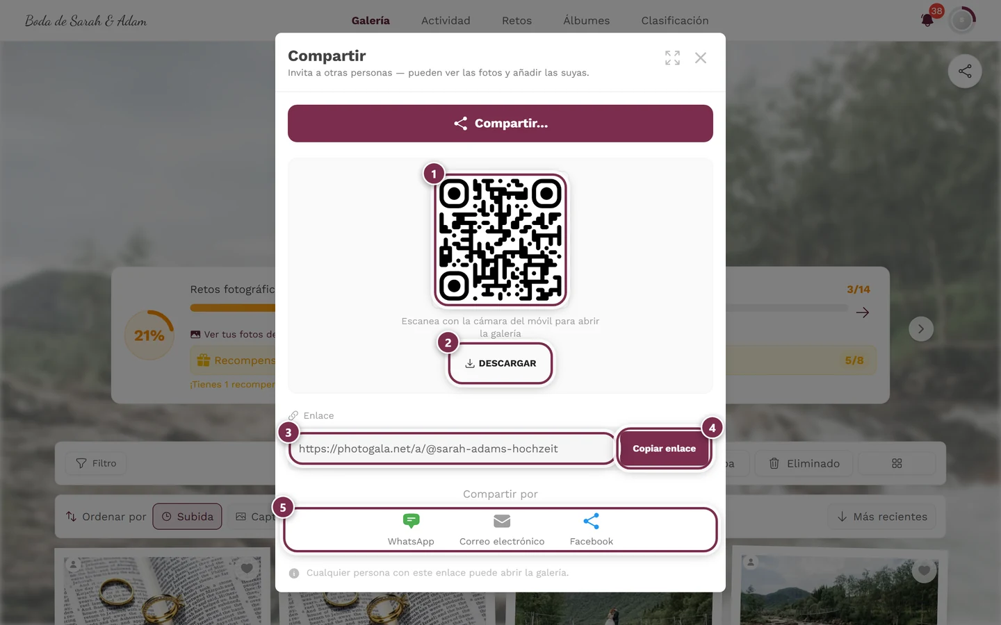 Diálogo de compartir con código QR, botón de descargar, campo de enlace, copiar enlace y los botones directos