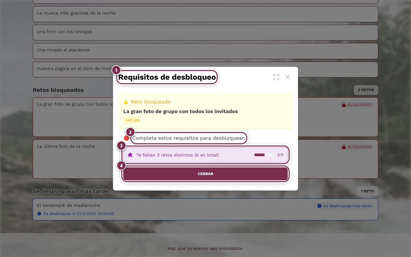 Diálogo Requisitos de desbloqueo con cuatro marcas: título, introducción, primera condición con barra de progreso, botón Cerrar