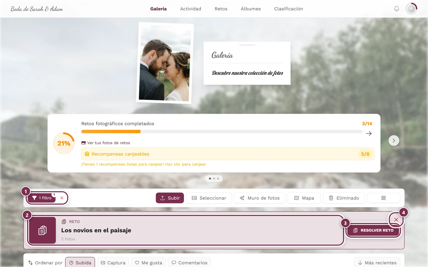 Galería filtrada por un reto con cuatro marcas: ficha de filtro, cabecera de reto, botón Resolver reto, X para eliminar