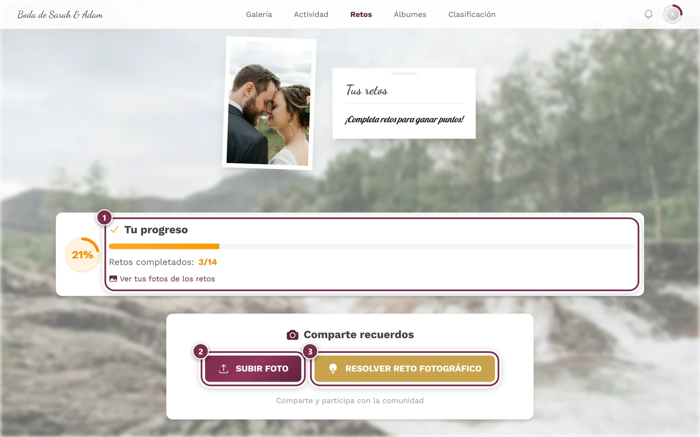 Página de retos con tres marcas: progreso, subir foto, resolver reto fotográfico