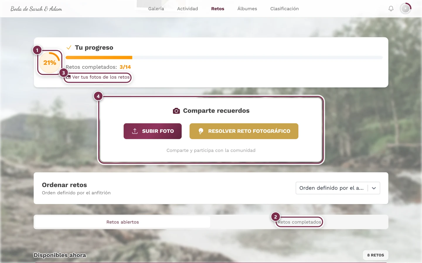 Cabecera de la página de retos con cuatro marcas: círculo de progreso, línea Retos completados, enlace, tarjeta Comparte recuerdos