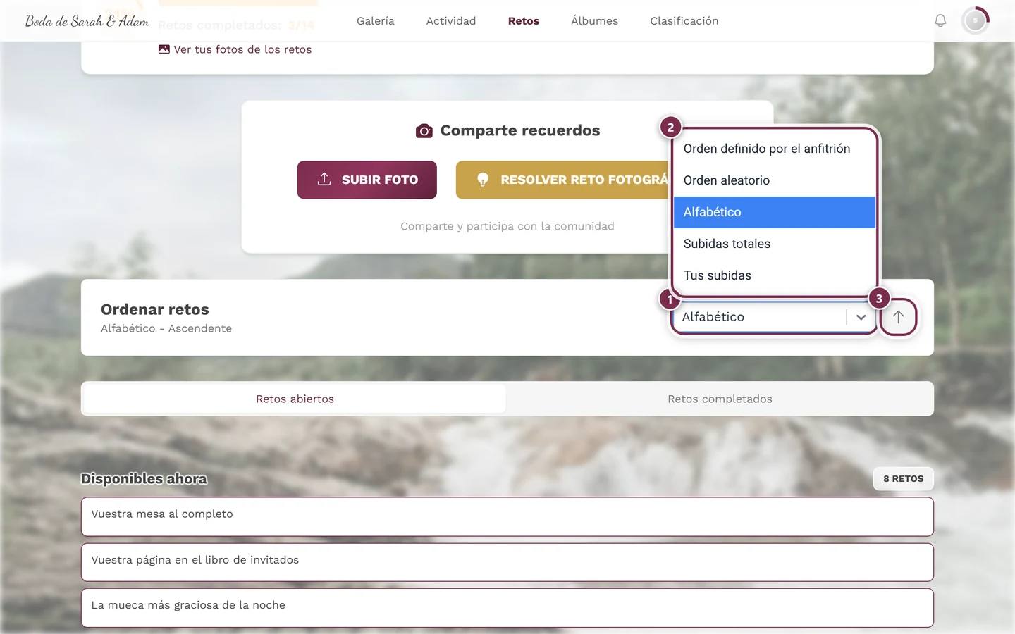 Campo de ordenación abierto con cuatro marcas: campo de selección, lista de opciones, flecha de dirección, Volver a mezclar