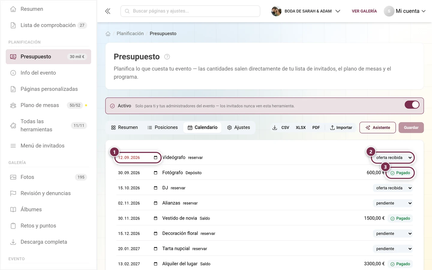 Calendario con plazo, estado de una reserva y el botón Pagado en una cuota