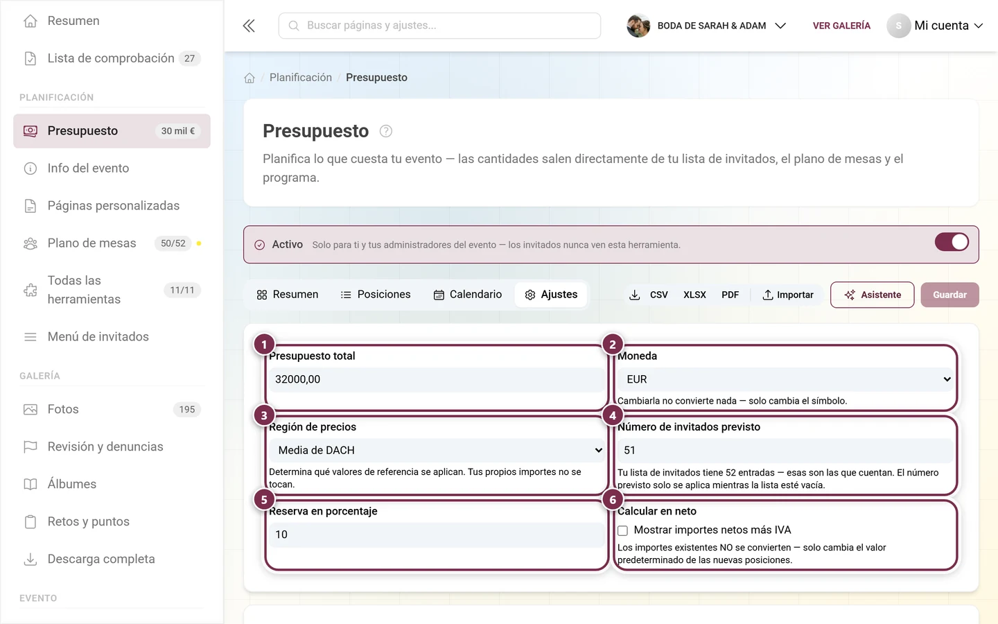 Ajustes del presupuesto con presupuesto total, moneda, región de precios, número de invitados, colchón e interruptor de neto