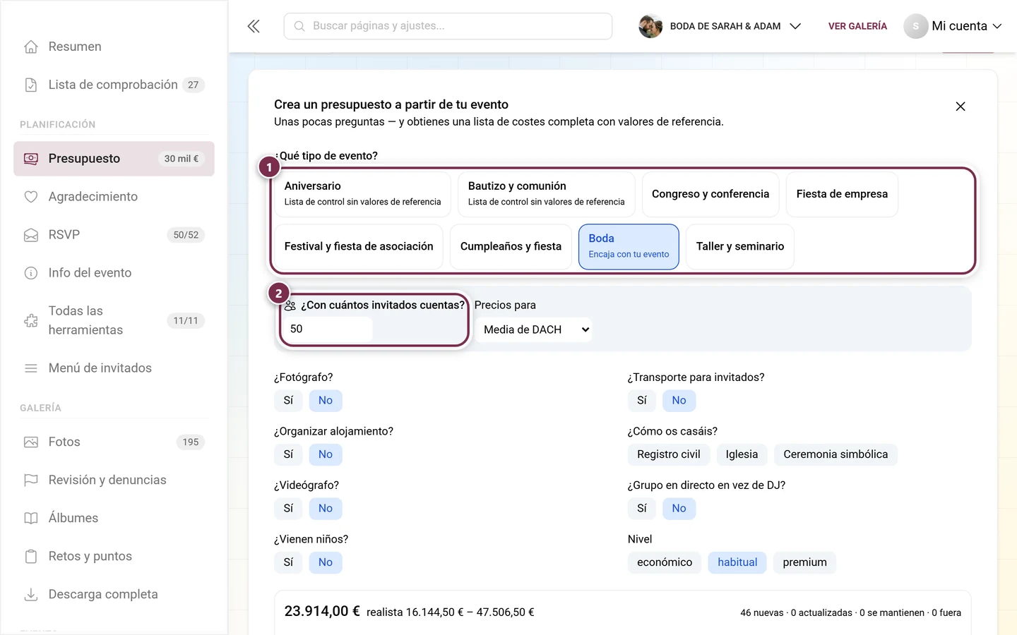 Asistente con las fichas de tipo de evento y la pregunta sobre el número de invitados