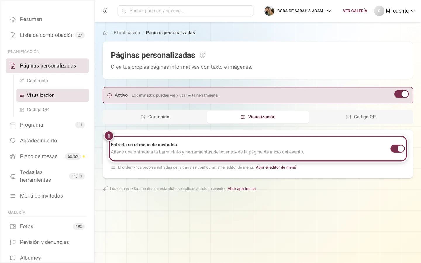 Pestaña Visualización de Páginas personalizadas con el interruptor Entrada en el menú de invitados resaltado