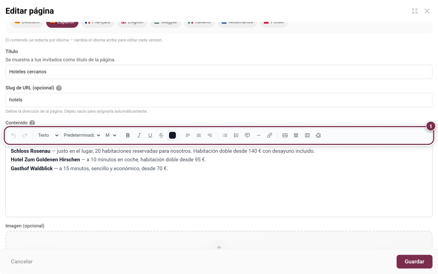 Diálogo de página con la barra de herramientas del editor de texto enriquecido resaltada