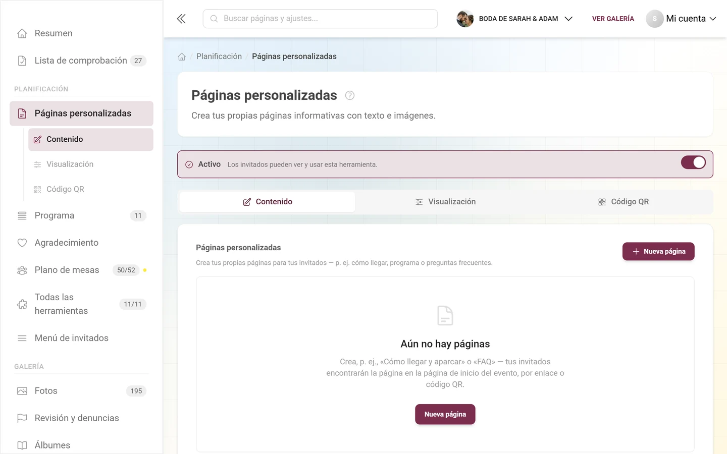Estado vacío de Páginas personalizadas con el aviso Aún no hay páginas y el botón Nueva página
