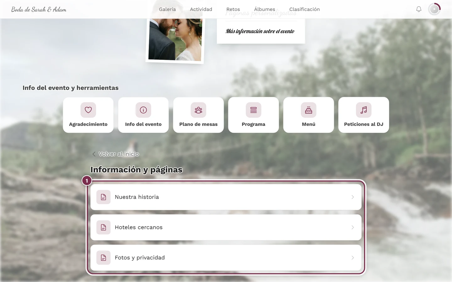 Página de resumen Información y páginas en la vista de los invitados con tres entradas