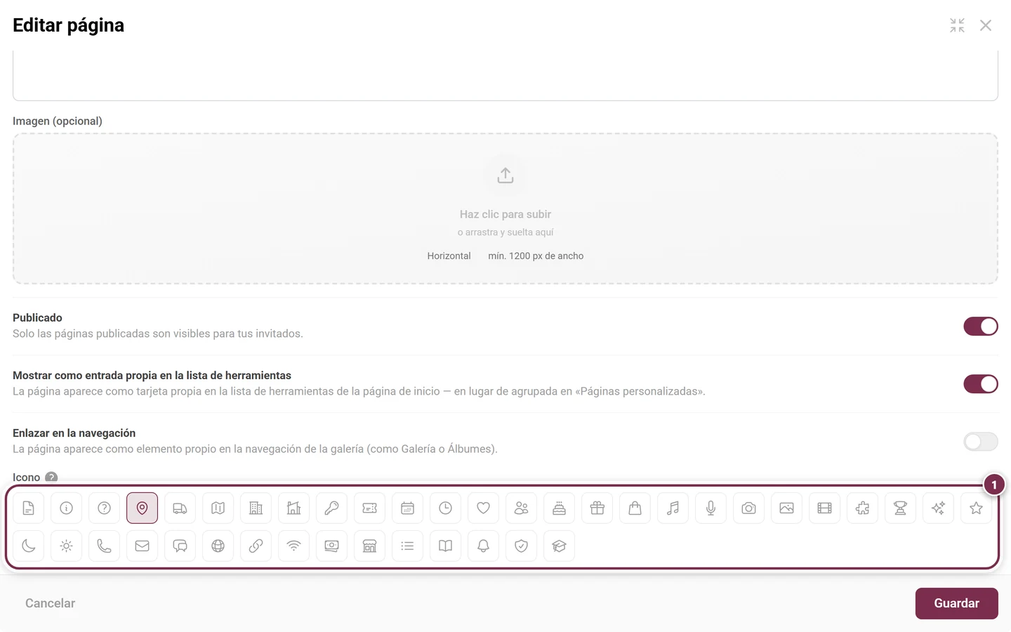 Selector de iconos en el diálogo de página con cuarenta y un iconos, el icono de mapa seleccionado