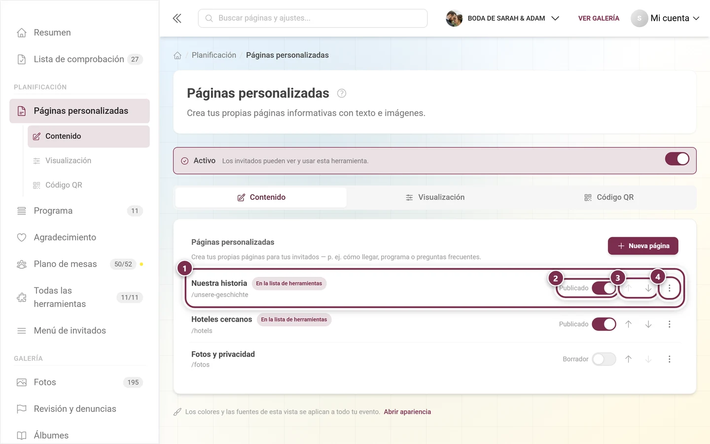 Lista con tres páginas personalizadas, resaltadas una fila, el interruptor Publicado, las flechas y el menú de tres puntos