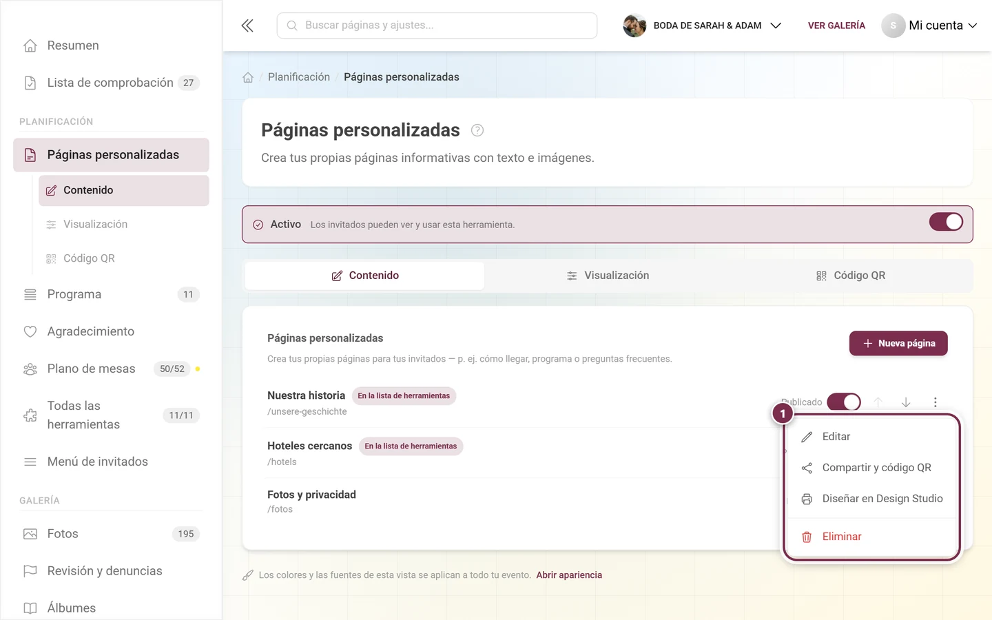 Menú de tres puntos abierto de una página con cuatro entradas