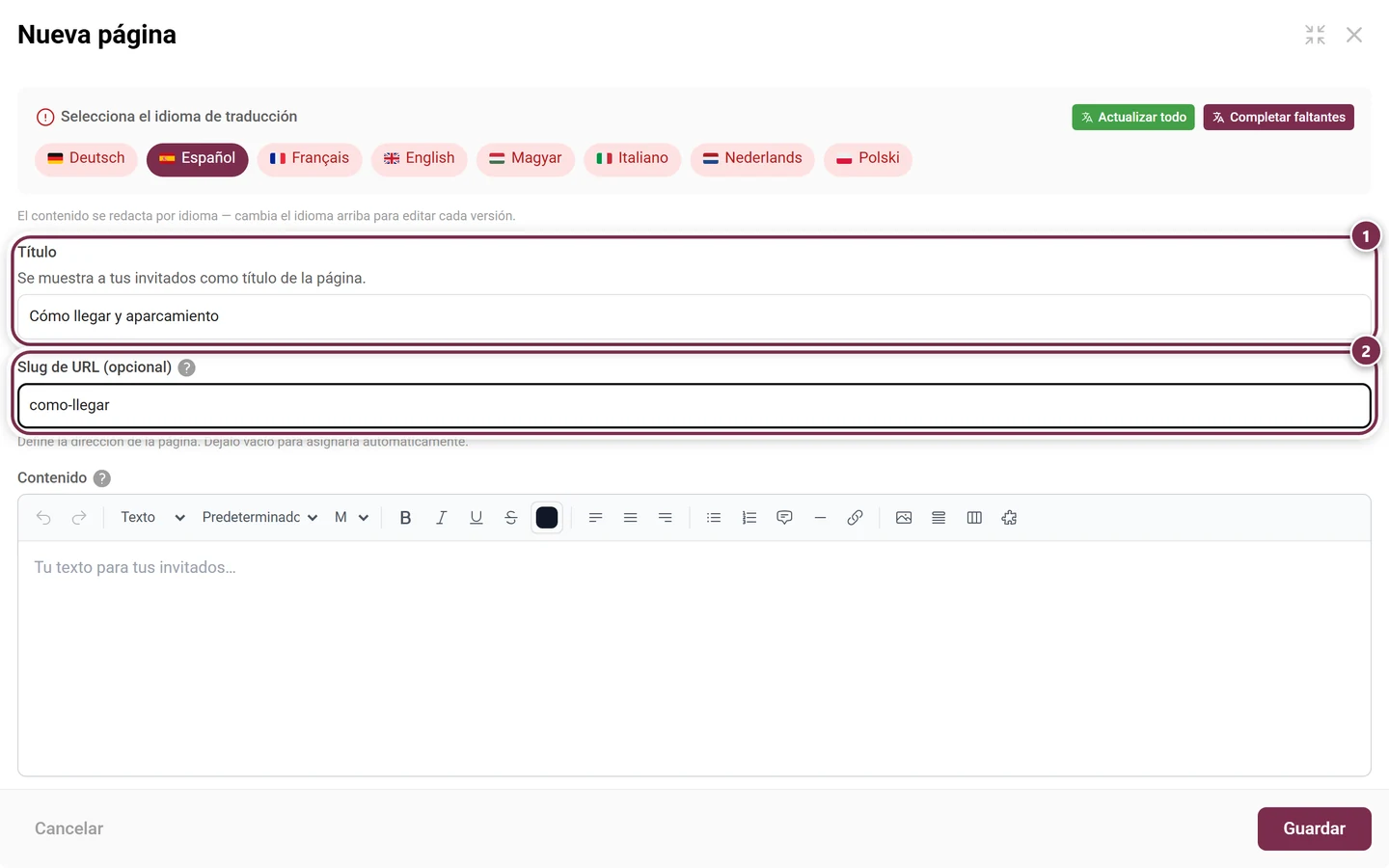 Diálogo Nueva página con el título Cómo llegar y aparcar completado y el slug de URL llegar