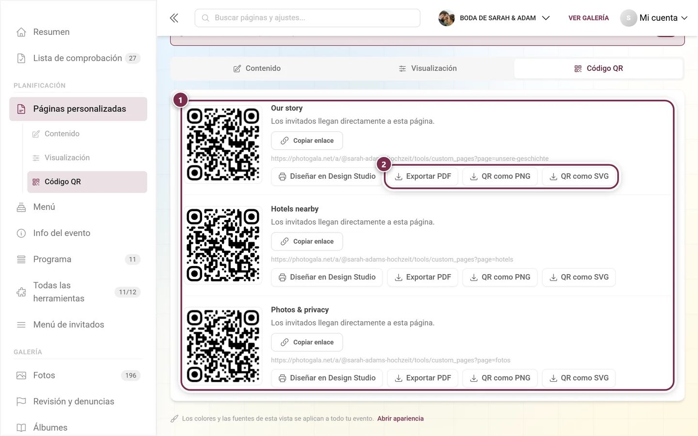 Pestaña Código QR con un bloque por cada página publicada, resaltados una tarjeta y los botones de exportación