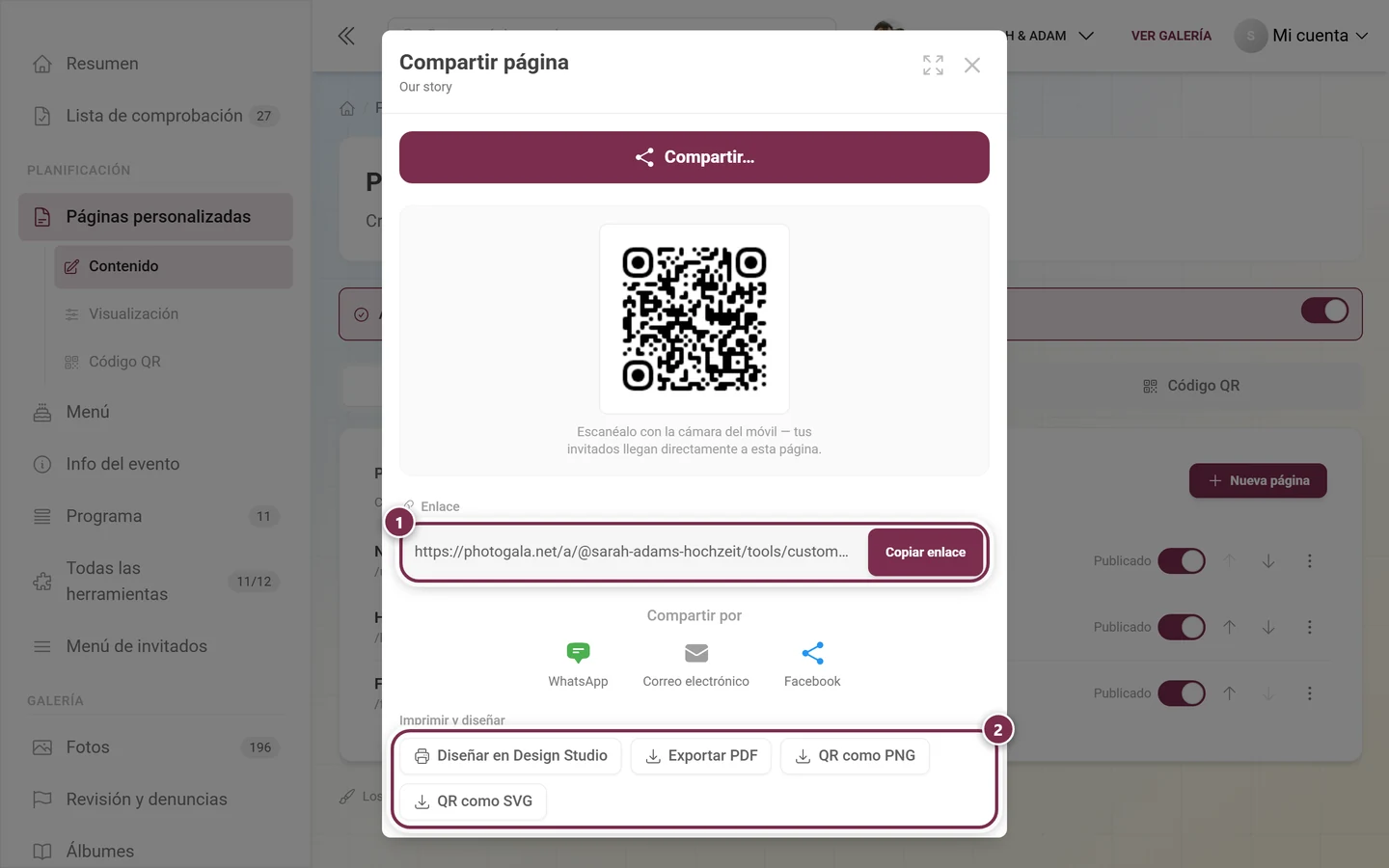 Diálogo para compartir una página personalizada con la fila del enlace resaltada y los cuatro botones de impresión y diseño
