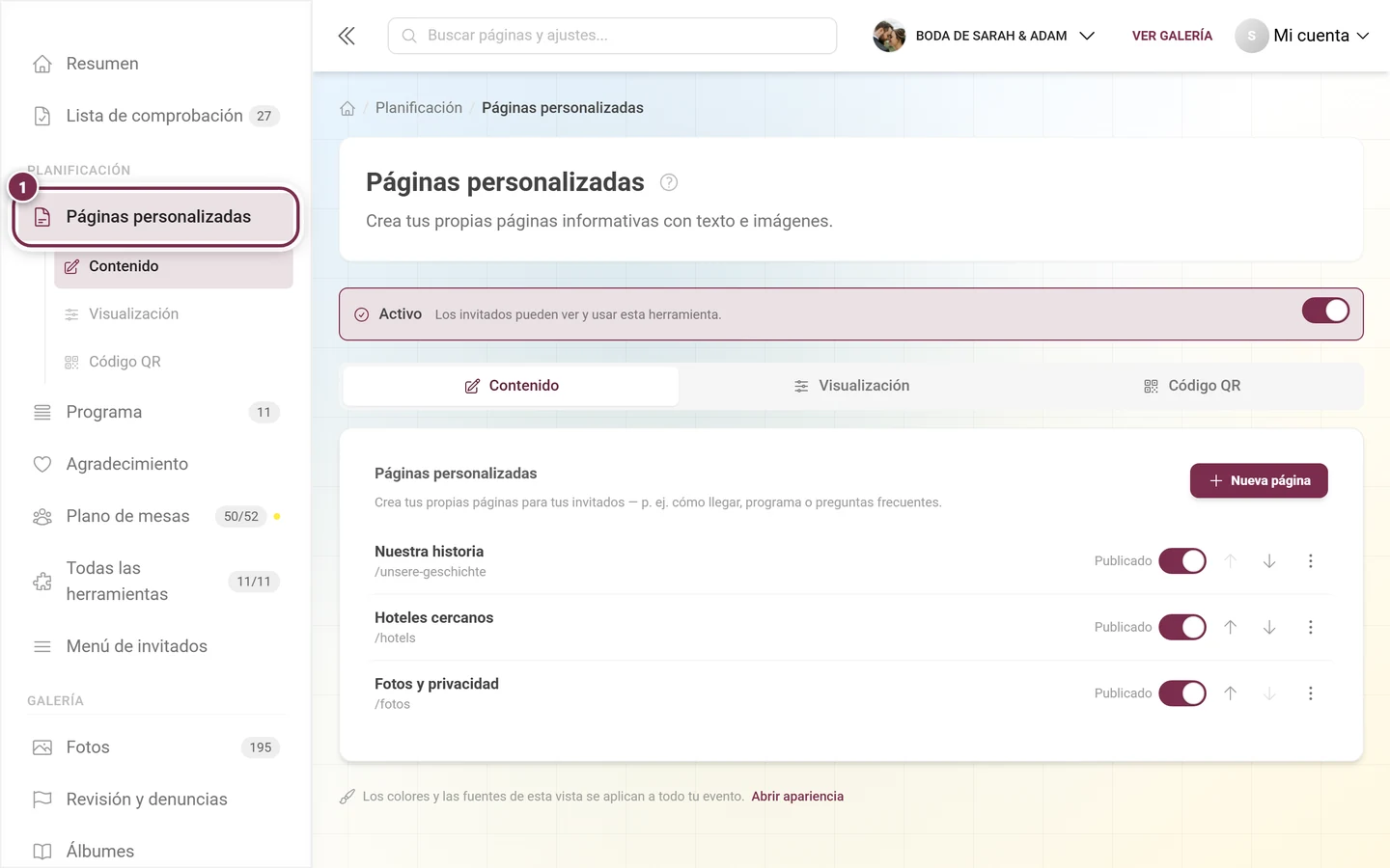 Barra lateral de administración con la entrada Páginas personalizadas resaltada bajo Planificación