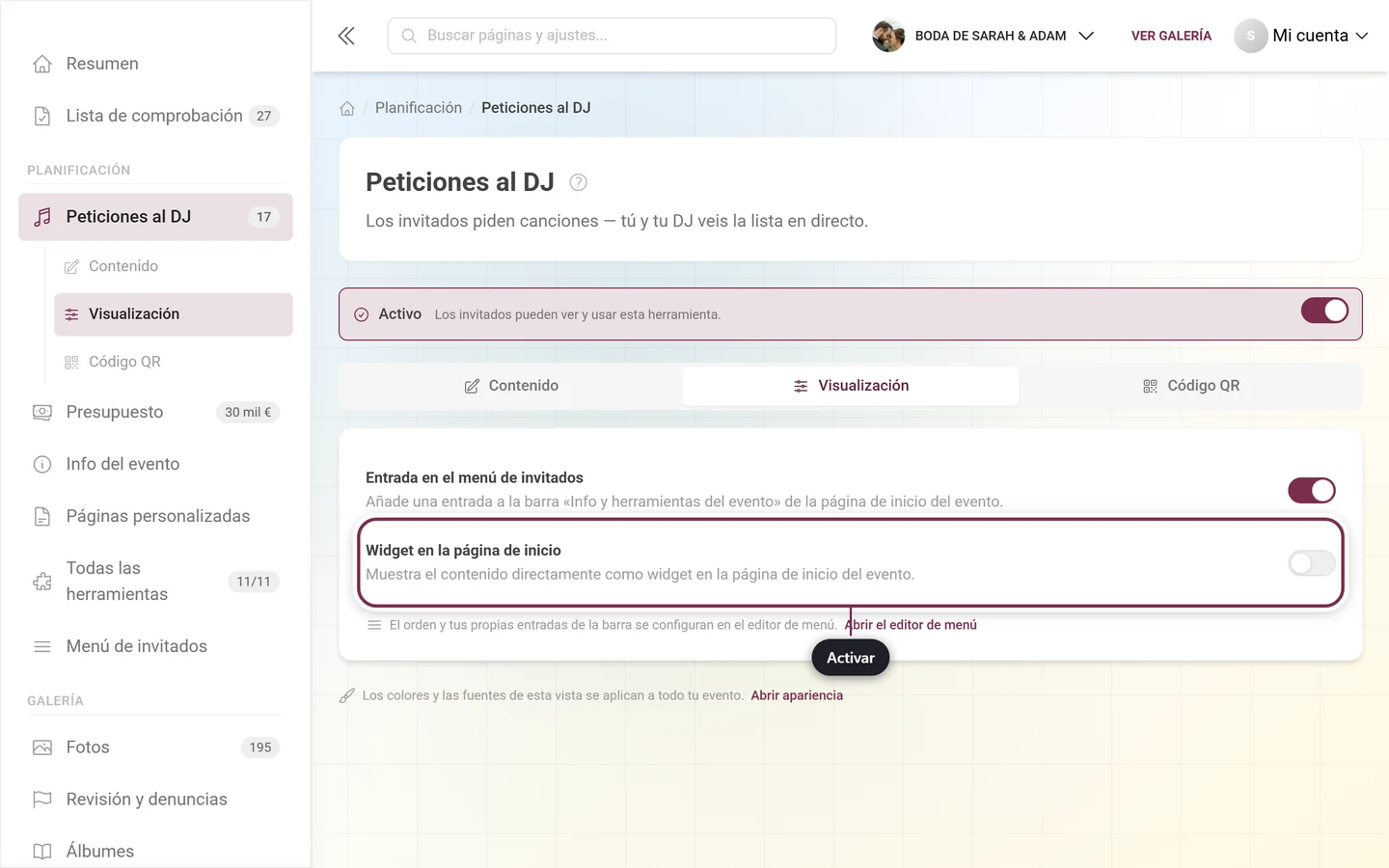 Pestaña Visualización de las peticiones al DJ con el interruptor del widget resaltado