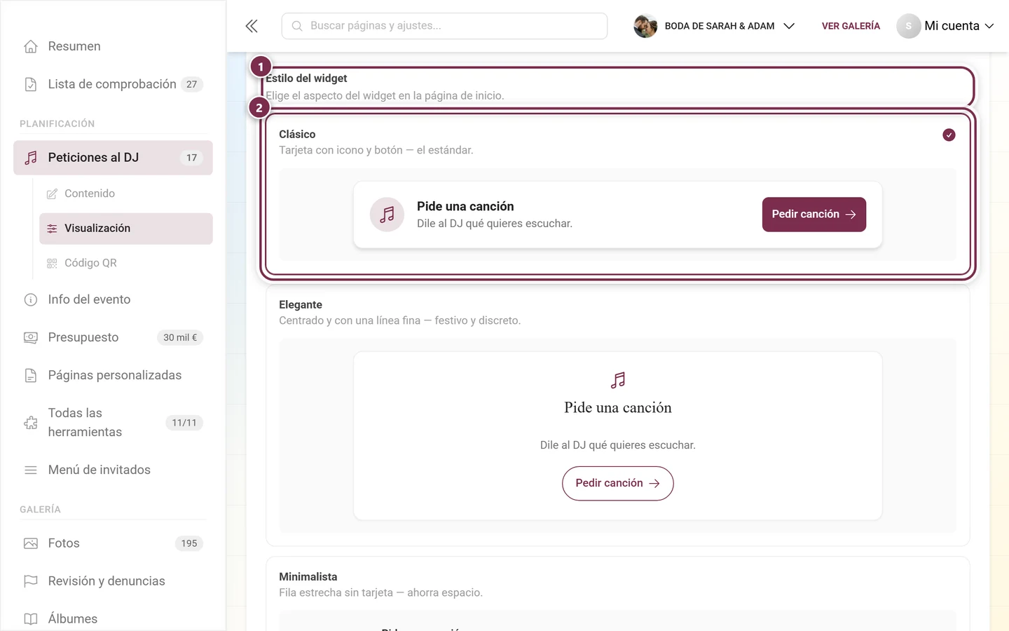 Bloque Estilo del widget con el título y la tarjeta Clásico resaltados