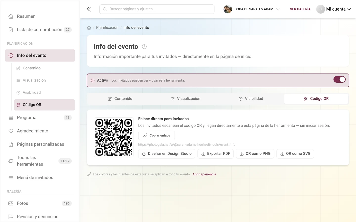 Pestaña Código QR de una herramienta con enlace directo, imagen QR y los botones de exportación
