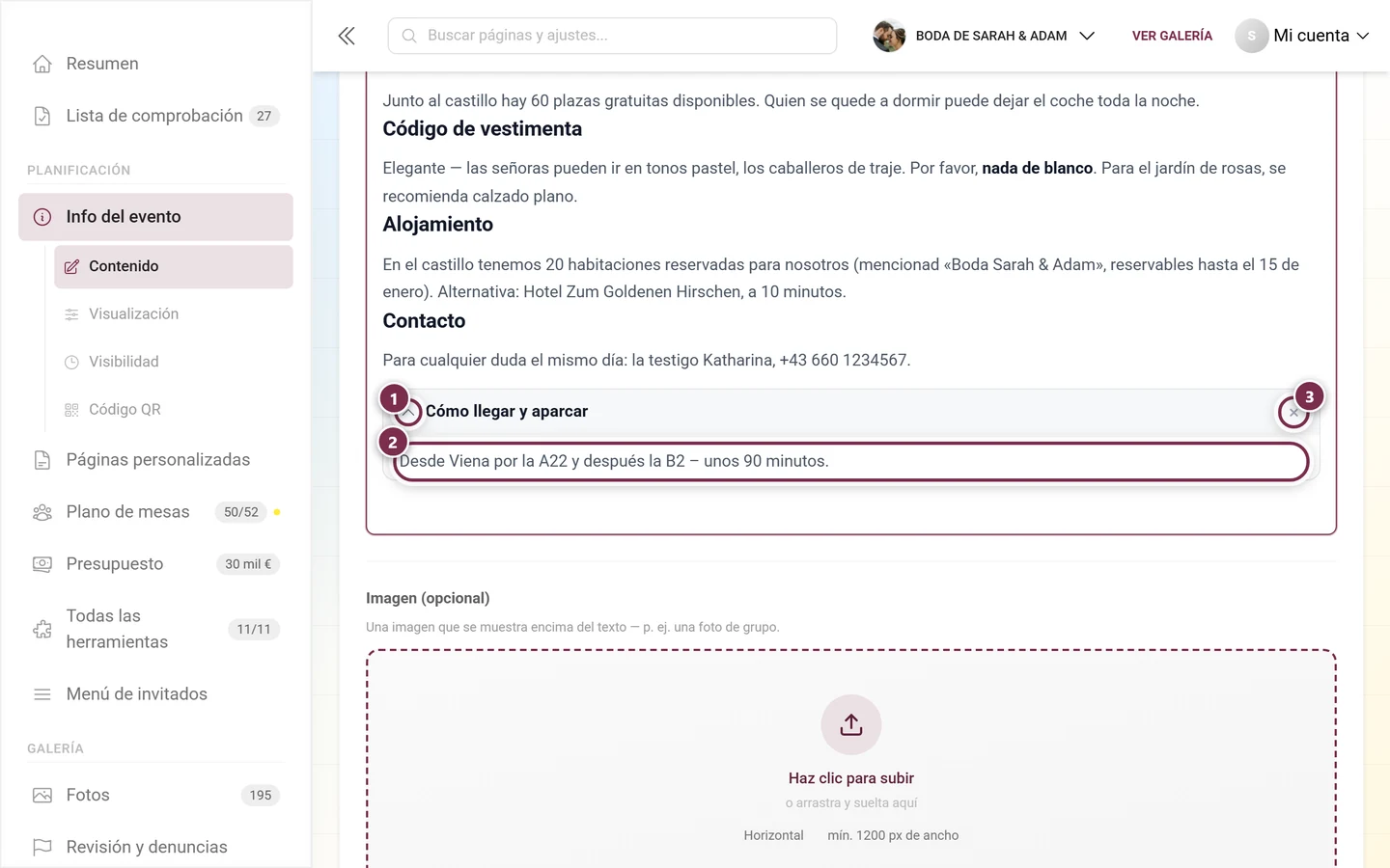 Sección desplegable en el editor con título, área de contenido y botón para eliminarla