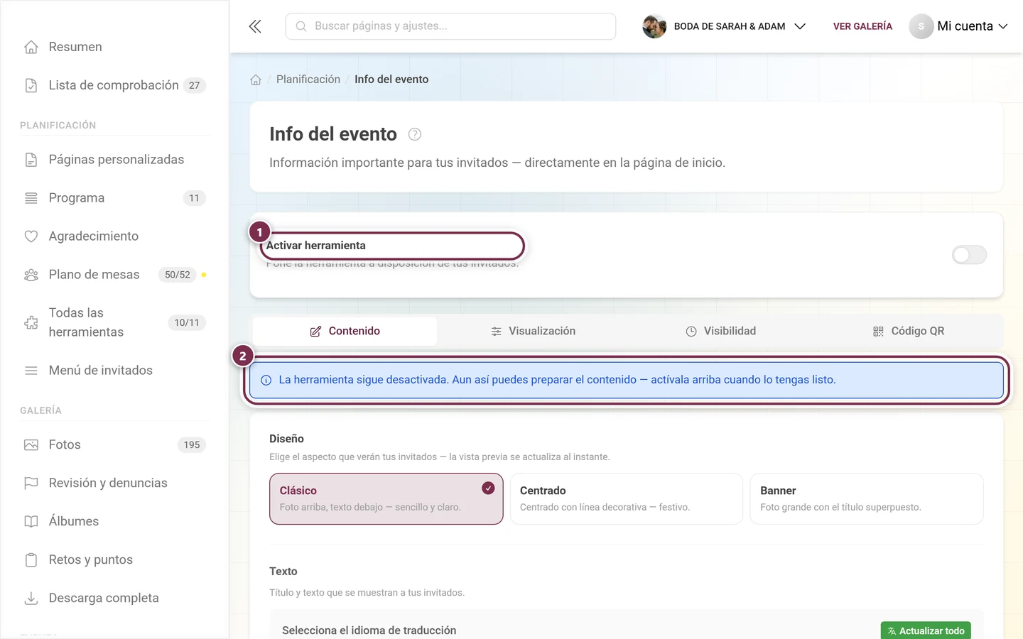 Página de Info del evento con el interruptor de la herramienta apagado y un aviso azul debajo
