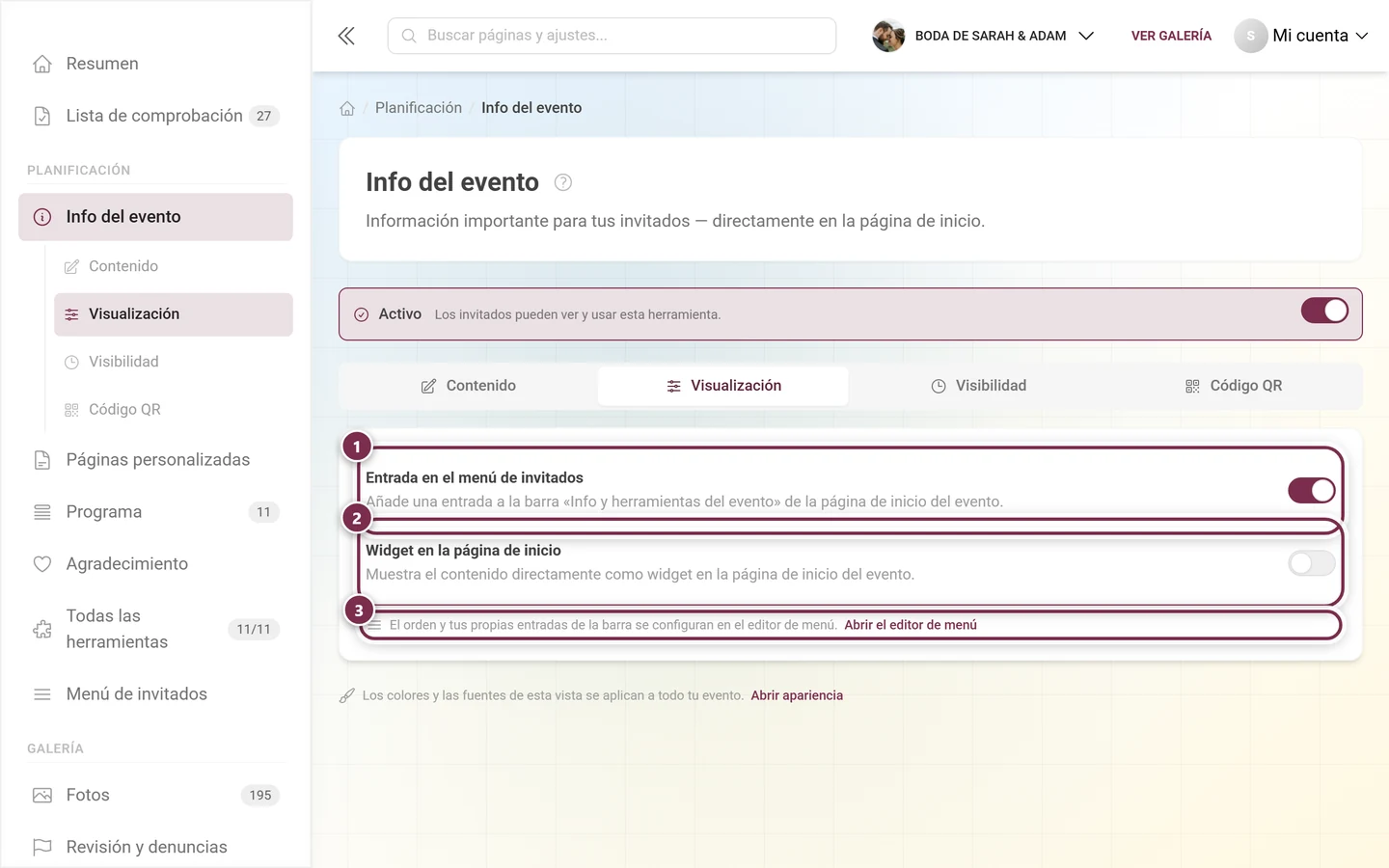 Pestaña Visualización con los interruptores para la entrada del menú de invitados y el widget de la página de inicio
