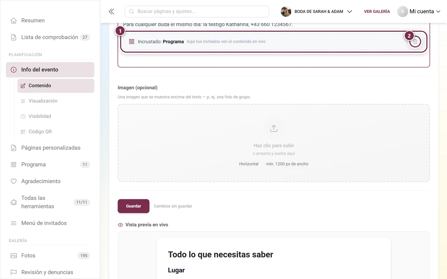 Tarjeta de marcador de posición de una herramienta incrustada en el editor, con botón de papelera
